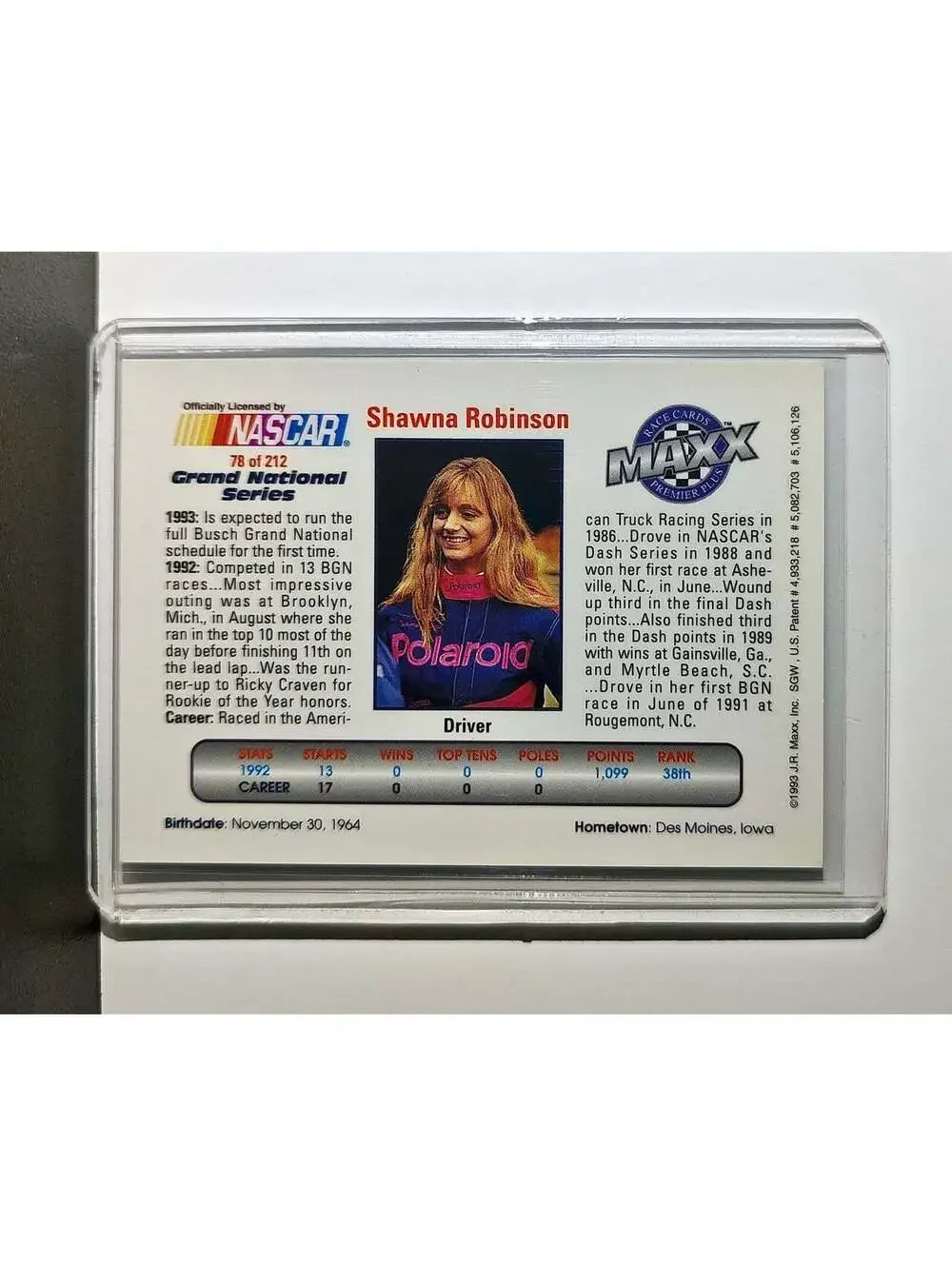 Shawna Robinson 1993 Maxx Premier Plus Racing #78 NASCAR Card Laughlin Racing